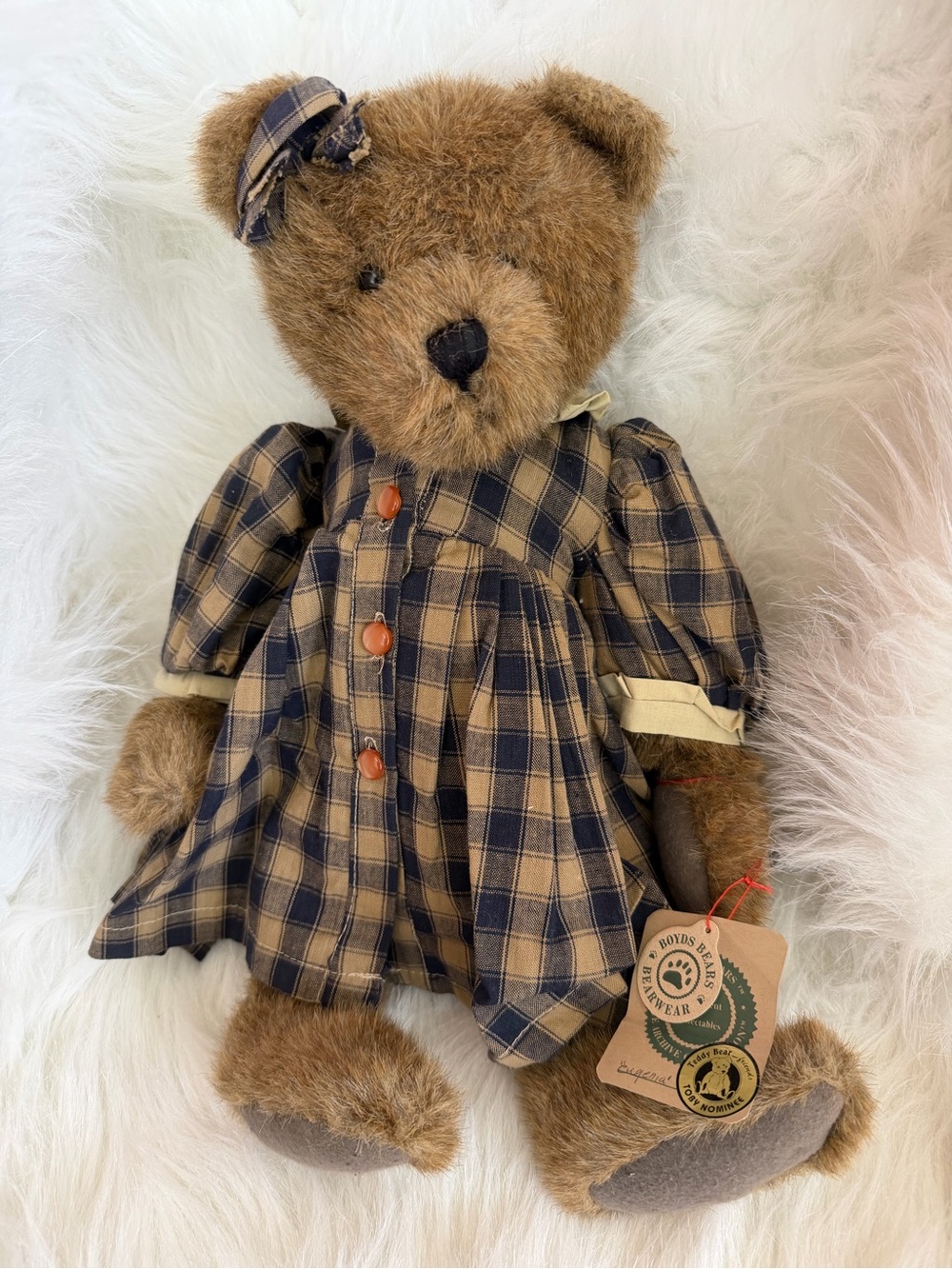 Boyds Bears Brown Plush Teddy in Navy and Tan Plaid Dress